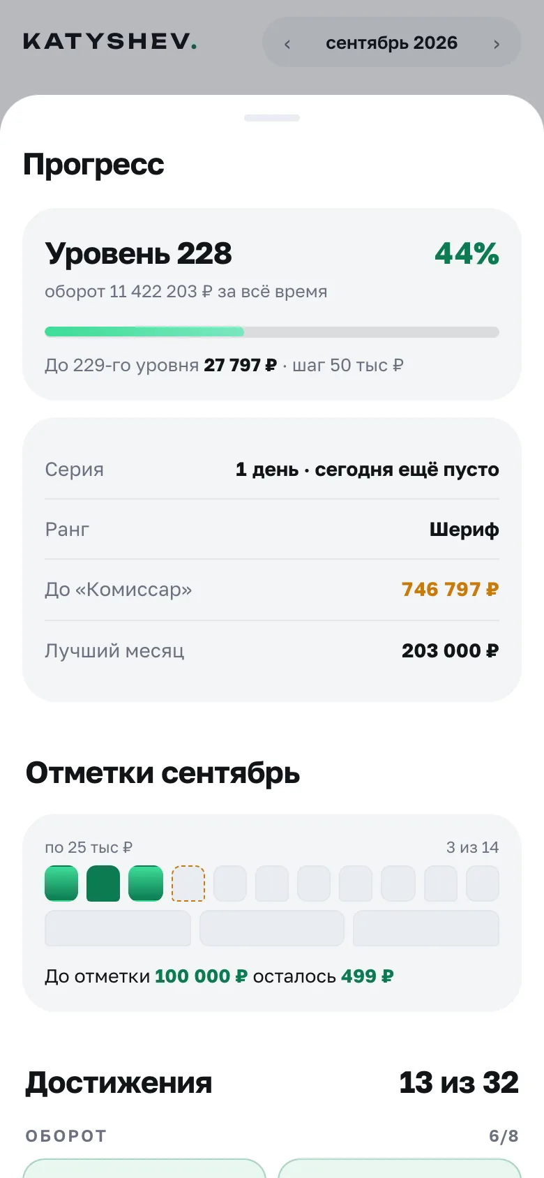 Прогресс: уровень, серия, ранг, достижения